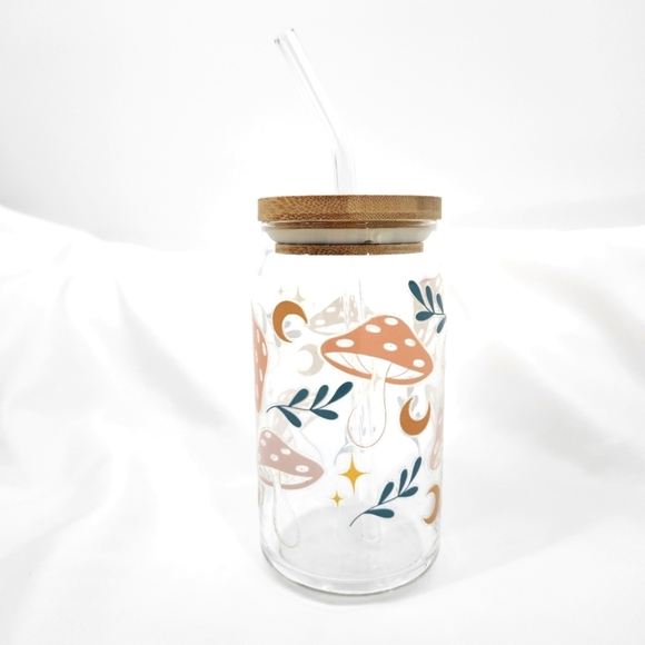 Earthy Mushroom Etched Glass With Wood Lid Glass Straw Funky Goblincore - Picture 1 of 6